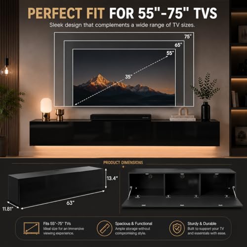 63" Floating LED TV Stands for Living Room w/ Storage, Entertainment Center | Fits TVs up to 70", Glossy Front, Hidden Storage, Wall Mounted, Cable Management, RGB LED, Easy to Clean, Modern Style - color: Black
