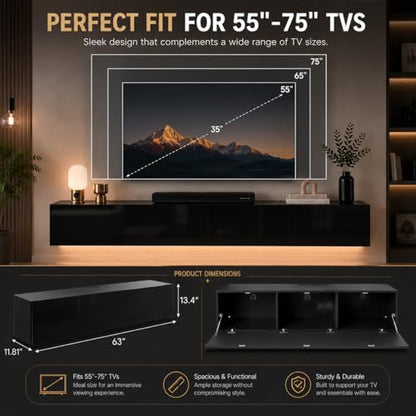 63" Floating LED TV Stands for Living Room w/ Storage, Entertainment Center | Fits TVs up to 70", Glossy Front, Hidden Storage, Wall Mounted, Cable Management, RGB LED, Easy to Clean, Modern Style - color: Black