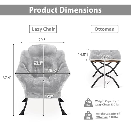 Youtanic Lazy Chair with Folding Ottoman, Accent Chair Plush Upholstered with Metal Structure and Non-Slip Pads, Sofa Armchair with Footrest and Side Storage Bag for Dorm, Room, Office, Light Gray - color: Plush Light Gray