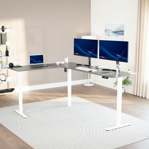 VIVO Dark Gray 84 x 63 in Corner Standing Desk, DESK-E3CTWG-84 | Electric, Holds 225 lbs, Large Reversible L-Shaped Table, Sit Stand, Height Adjustable, Memory Presets, White Frame - color: Dark Gray Top / White Frame, size: 84 x 63