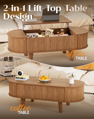 Fluted Oval Lift Top Coffee Table with Storage, 47" Wood Mid Century Modern Coffee Table for Living Room, Walnut - color: Walnut-oval (Flip Top)