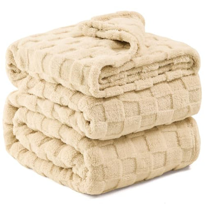 Kaisa Soft Fleece Blanket Throw, Premium 3D Checkered Blanket for Couch Sofa Bed Home Decor, Breathable Fleece Cozy Warm Luxury Lightweight Plush Blankets for All Season Use, 60"x80", Light Brown