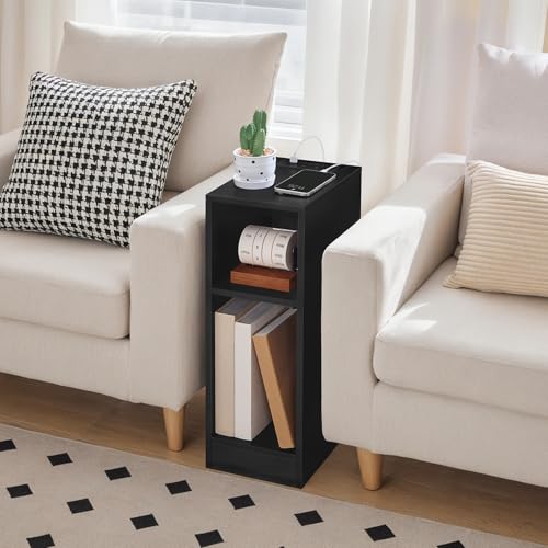 MAHANCRIS Narrow Nightstand, Narrow End Table with Charging Station, Skinny Bedside Table for Small Spaces, Mid Century Modern Night Stand for Bedroom, Living Room, Black ETBK30E01 - color: Black