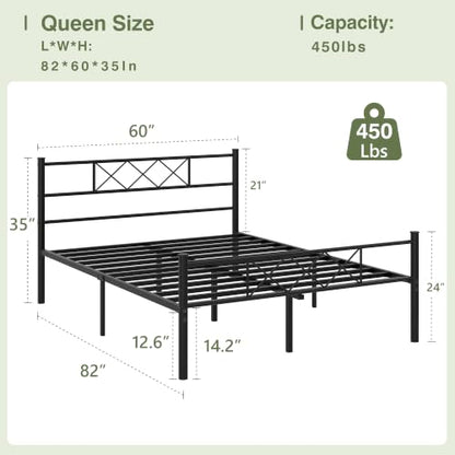 VECELO Queen Size Bed Frame with Headboard, Heavy Duty Bedframe with Strong Metal Slats, No Box Spring Needed & Easy Assembly, Matte Black - color: Matte Black, size: Queen