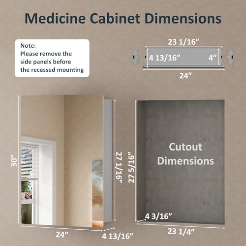 24 x 30 Recessed Medicine Cabinet with Mirror for Bathroom, Silver | Wall Mounted Cabinet for Storage, Adjustable Glass Shelves, Soft-close DTC Hinges, HD Reflection, Pre-assembled, Aluminum - color: Silver, size: 24x30