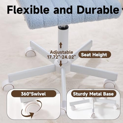 Office Chair Vanity Chair with Wheels | Comfy Desk Chair with Back | Cute Teddy Armless Adjustable Swivel Chair | Small Vanity Stool | for Bedroom Home Computer Task | Light Blue - color: Light Blue