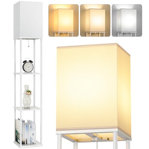 Floor Lamp with Shelves, 3-Tier Modern Square Bookshelf Standing Lamp White | 3 Color Temperature Bulb Included, Pull Chain Tall Lamp for Living Room Bedroom Corner Office Apartment Decor - color: White