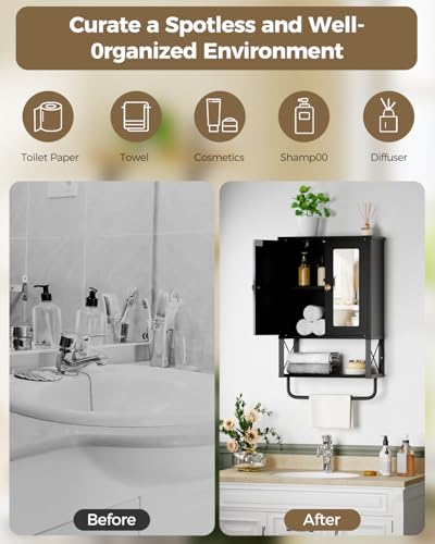 BEWISHOME Bathroom Medicine Cabinet Mirror with Towel Bar, Black | Wall Mounted Cabinet with Adjustable Shelf Hooks, Space-Saving Over-Toilet for Bathroom, Living Room, 7.1x15.4x24.4 Inches - color: Black