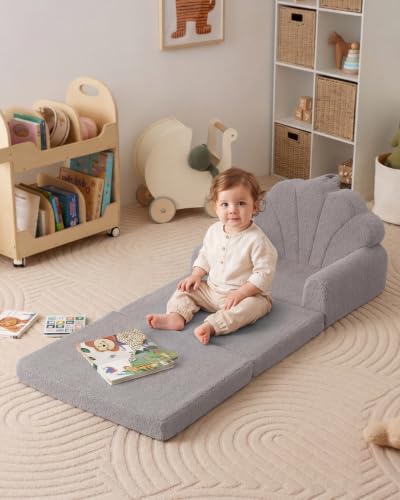 Blissful Diary Kids Couch, 2-in-1 Soft Kids Sofa, Kids Sofa Chair, Comfy Kids Furniture for Playroom, Reading & Play, Shell Gray - color: Shell Gray