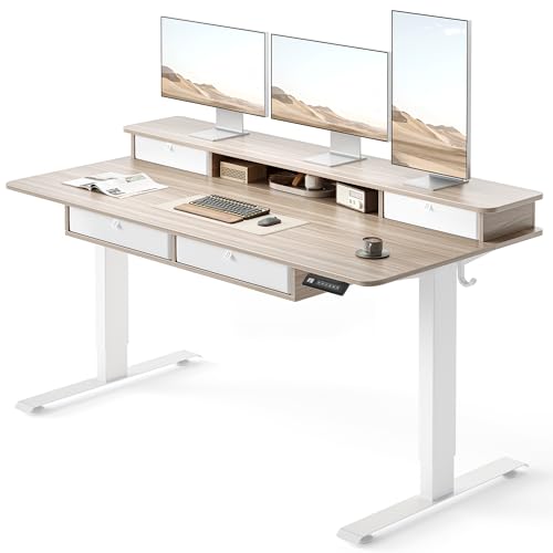 FEZIBO 60 x 30 inch Standing Electric Desk with Drawers, Light Rustic Brown | Height Adjustable Workstation, Computer Sit Stand Up Office Table with Large Storage Shelf, 4 Drawers and 2 Hooks - color: Light Walnut, size: 60 inch without Keyboard Tray