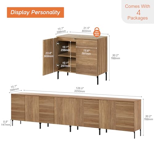WAMPAT 4 in 1 Modern TV Stand TVs up to 120 inches, Fluted 126" W Entertainment Center with 8 Doors Storage and Adjustable Shelves, Wood Media TV Consoles Table with Storage for Living Room, Walnut - color: Walnut, size: 126" W