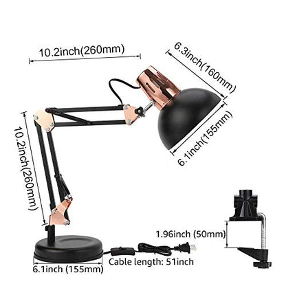 PowerKing Metal Swing Arm Desk Lamps with Base & Clamp, Black Rose Gold | Adjustable Architect Lamp, On Off Switch, Fits E26 E27 Bulbs, Eye-Caring Reading Light, for Home Office Work Study - color: Black Rose Gold