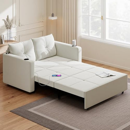 Krcix 3 in 1 Pull Out Couch, 56" Velvet Sofa Bed, Convertible Sleeper Sofa | Loveseat Sleeper for Living Room, Small Space-Saving, Family Couch Bed with USB, Cup Holder, Beige White - color: Beige White