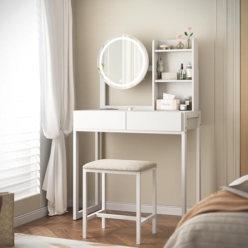 VFK Small Vanity Desk with Mirror and Lights, Makeup Vanity Table with LED Mirror, 3 Lighting Modes, Power Outlet, Drawer, Open Shelves and Cushioned Stool for Bedroom (White) - color: White