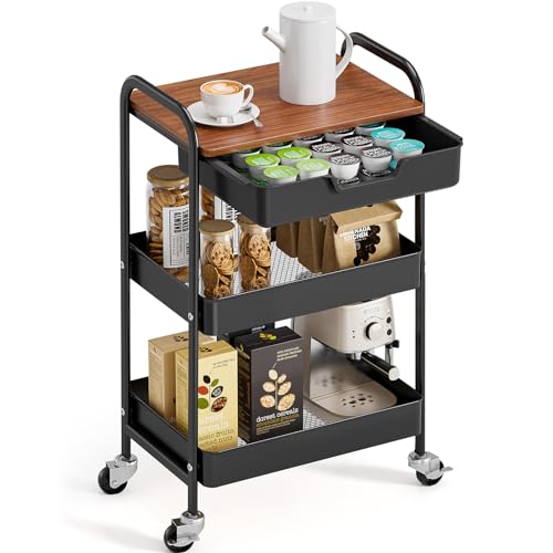 TOOLF 3-Tier Utility Rolling Cart with Wooden Board and Drawer, Metal Storage Cart with Handle, Black Trolley Kitchen Organizer Rolling Desk with Locking Wheels for Office, Classroom, Home, Bedroom - color: Black