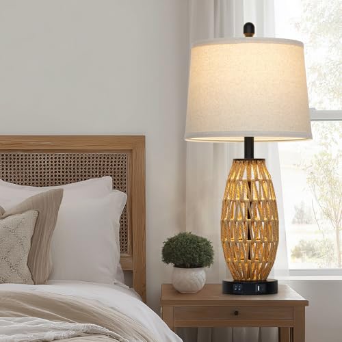 CINSARY 27" Boho Rattan Table Lamp with Night Light, Wicker Bedside Lamp with USB A+C Charging Port, Woven Coastal Bedroom Lamps for Nightstand, Tall Farmhouse Lamps for Living Room Single - color: Rattan-1P