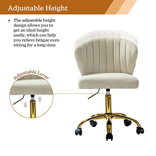 TINA'S HOME Office Desk Chairs with Wheels & Gold Base, Modern Velvet Cute Armless Office Chair, Adjustable Low Back Swivel Rolling Chair, Upholstered Task Chair for Living Room Vanity Study-TAN | Modern Velvet Cute Armless Office Chair, Adjustable Low Ba