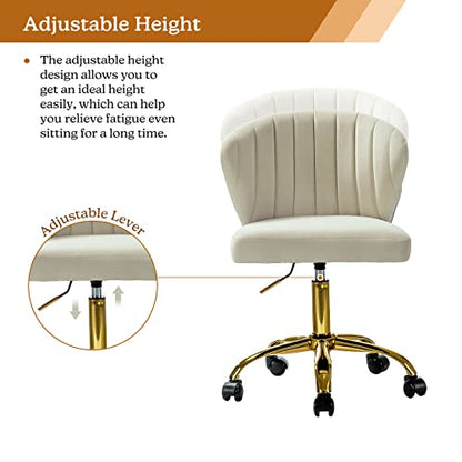 TINA'S HOME Office Desk Chairs with Wheels & Gold Base, Modern Velvet Cute Armless Office Chair, Adjustable Low Back Swivel Rolling Chair, Upholstered Task Chair for Living Room Vanity Study-TAN | Modern Velvet Cute Armless Office Chair, Adjustable Low Ba