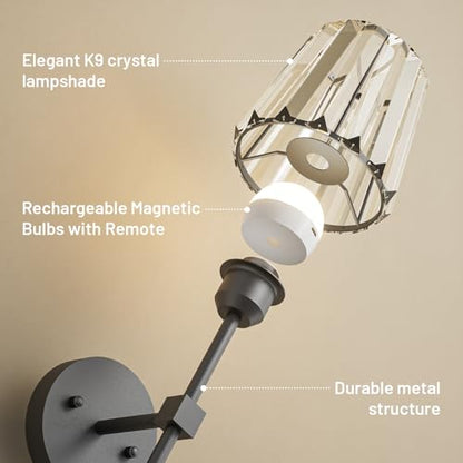 Crystal Battery Operated Wall Sconces Set of 2, Black Rechargeable Wireless Wall Sconce Lights with Crystal Lampshade, 12 RGB and 3CCT Dimmable Wall Lamps with Remote for Bedroom Living Room Hallway - color: Black