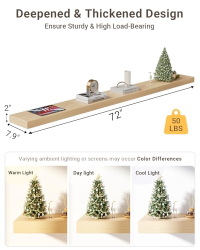 72 in Long White Oak Floating Shelf for Wall, 8"D Fireplace Mantel | 2"H Thick Wooden Shelf, Heavy Duty Bracket, Bathroom Bedroom Kitchen Living Room, Non-tilting, 50LBS Capacity - color: White Oak, size: 72 x 7.9 x 2 (1pc)