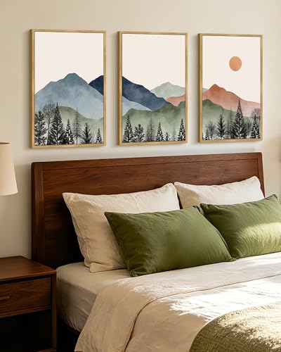 KUVIOKE Mountain Landscape Framed Wall Art Watercolor Nature Painting Boho Sun Rise Prints Farmhouse Rustic Room Decor Ready to Hang 16x24in (Natural Framed) - color: Watercolor Mountain, size: 16 x 24in x 3 Panels Natural