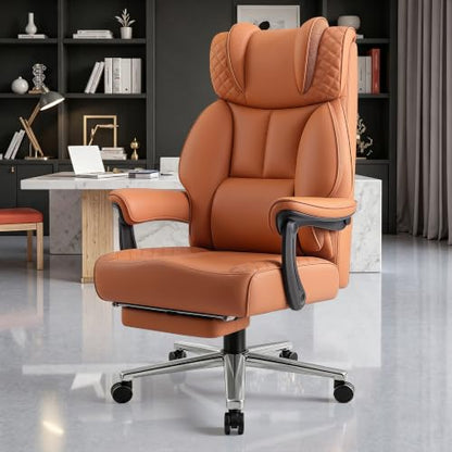 BestGlory Office Desk Chair, Big and Tall Leather Gaming Chair with Footrest, Ergonomic Comfy Executive High-Back Reclining Computer Chairs, Wide Swivel Rolling Wheels and Padded Lumbar Support, Brown - color: Terracotta, style: Freely Reclining