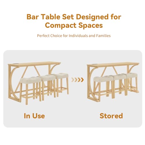 59" Dining Bar Table Set with Power Outlet, Behind Couch Sofa Table with 3 Padded Stools, 5 Piece Bar Table and Chairs Set for Living Room, Dining Room, Light Oak - color: O1-oak