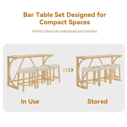 59" Dining Bar Table Set with Power Outlet, Behind Couch Sofa Table with 3 Padded Stools, 5 Piece Bar Table and Chairs Set for Living Room, Dining Room, Light Oak - color: O1-oak