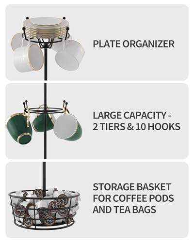360° Rotating Coffee Cup Holder Tree | 3-Tier Metal Mug Rack with 10 Hooks, Coffee Bar Organizer Decor for Kitchen Countertop