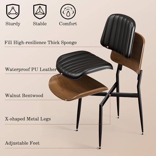 Dining Chairs Set of 2, Mid-Century Modern Upholstered PU Leather Chairs | with Walnut Bentwood Back and Metal Legs Adjustable Feet for Kitchen Dining Living Room, Dark Black Vertical Stripes - color: Dark Black Vertical Stripes