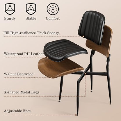 Dining Chairs Set of 2, Mid-Century Modern Upholstered PU Leather Chairs | with Walnut Bentwood Back and Metal Legs Adjustable Feet for Kitchen Dining Living Room, Dark Black Vertical Stripes - color: Dark Black Vertical Stripes