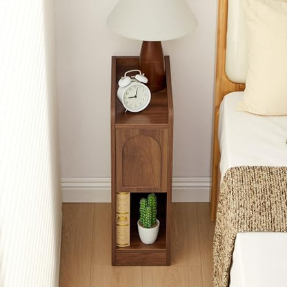 Narrow Nightstands Set of 2, Slim Bedside Tables with Raised Edge Top, Arched Drawer & Open Shelf, Modern Wooden Small End Tables for Bedroom Small Spaces (2, Walnut) - color: Walnut-arched Drawer, size: 2-Pack