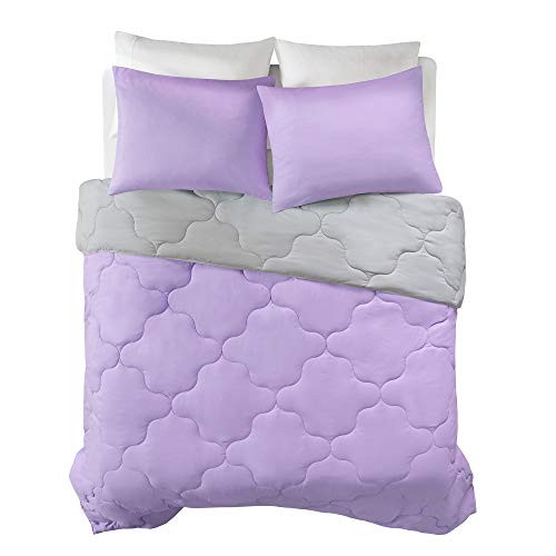 Comfort Spaces Vixie Reversible Comforter Set - Trendy Casual Geometric Quilted Cover, All Season Down Alternative Cozy Bedding, Matching Sham, Lavendar/Gray, Twin/Twin XL 2 piece | Down Alternative, All Season, Bedding for Bedroom, Geometric Pattern, Rev