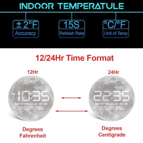 Digital Desk & Shelf Clock, LED Moon/Earth Design, Temperature Display, 7.87 x 7.87 inches (Moon, 7.87 INCH) - color: Moon, size: 7.87 INCH