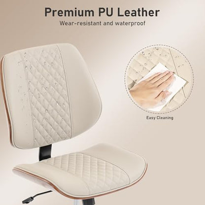 Modern Walnut Home Office Chair, Executive Desk Chair No Arms Beige | with Wheels, Adjustable Height, Comfy PU, Deeper Cushion, Mid Back, 360 Swivel Computer Chair - color: Beige