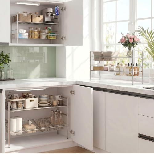 Under-Sink Organizer 2-Tier Expandable Cabinet Storage (4 panels 4 baskets) | LED Motion-Sensing Auxiliary Lighting Dial Thermometer Stainless Steel Telescopic & Adjustable Rust-Resistant - size: 4 panels 4 baskets