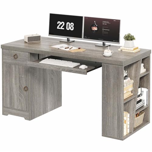 HSH 55" Modern Office Desk, Farmhouse Grey Computer Desk with Keyboard Tray | Wooden Executive Computer Table Teacher Desks with Storage Drawers Shelves and Cabinet for Home Writing Work Study - color: Light Grey Oak