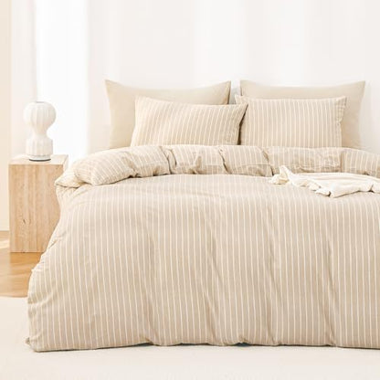 Wake In Cloud - Striped Cotton Duvet Cover Set, Ticking Stripe Vertical Pinstripe Farmhouse, 100% Washed Cotton Textured Bedding Set, 3 Pieces, Tan, Full Size - color: Tan, size: Full