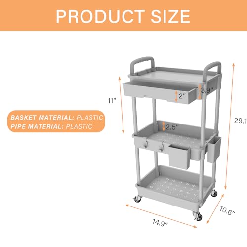 3 Tier Rolling Utility Cart with Drawer,REBECAT Utility Cart Made of Multifunctional Storage Organizer Tool for Kitchen,Bathroom,Living Room,Office(Gray) - color: Gery