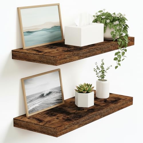 Vivelove Floating Shelves 9 inch Deep 16”Long Set of 2, Rustic Brown | Easy Install With Hardware, 1.5" Thick, Invisible Brackets, Wall Mounted, No Sagging, For Any Room - color: Rustic Brown, size: 16”wx9.3”dx1.5”h