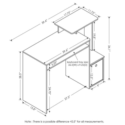 MAKLAINE Wood Computer Writing Desk, French Oak Gray and Black Finish, 39.4" W x 15.8" D x 34.1" H, Compact Design with Keyboard Tray, Storage Bin, Home Office Workspace