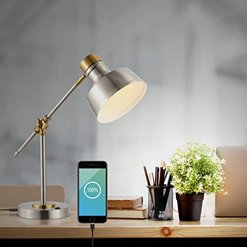 JONATHAN Y Allegra Metal Task Desk Lamp USB Port 18.5", Nickel/Brass Gold | Adjustable Cantilever, Vintage Farmhouse Style, Home Office Reading Light, LED Bulb Included - color: Nickel/Brass Gold