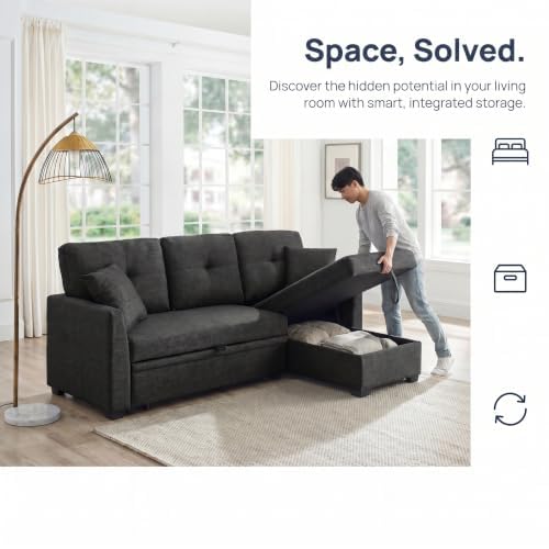 L Shape Queen 3-Seat Pull Out Sleeper Sofa Bed with Storage, Black | Convertible Sofa Bed, L Shape Sleeper Sofa wit, Reversible Storage Chaise, Tufted Fabric,Sectional Sleeper Sofa - color: C-charcoal Black-03c