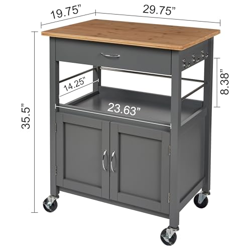 Kitchen Island Cart on Wheels, Gray Base, Natural Bamboo Top | Drawer, Storage Cabinet, Shelf, Butcher Block - color: Grey Base