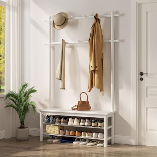 AQIMUELE Coat Rack with Shoe Storage, Wooden Hall Tree with Bench, 11 Hooks and 2-Tier Storage Shelves, 3-in-1, Entryway Bench with Coat Rack (39.3"-Deep White) - color: White, size: 39.3"