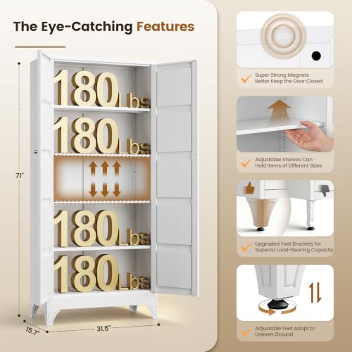 Metal Storage Cabinet with 2 Doors and 4 Adjustable Shelves,- 71" White Kitchen Pantry Storage Cabinet for Kitchen,Dining Room,Living Room - color: White, size: 71"- 4 Adjustable Shelves-A
