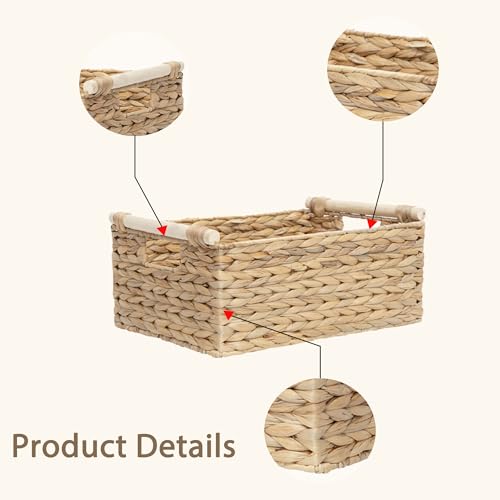 Rectangle Water hyacinth wicker storage basket Organizer(Small) | Handwoven Shelf basket with Wooden Handles for Pantry & Closet - size: Small