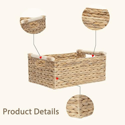 Rectangle Water Hyacinth Wicker Storage Basket Organizer(Large) | Handwoven Shelf basket with Wooden Handles for Pantry & Closet - size: Large