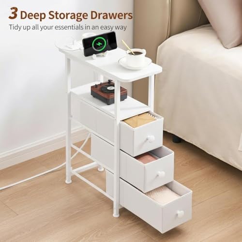 Narrow End Table with Charging Station, Narrow Side Table with Drawer, Small Nightstand with LED Light, Skinny Nightstand, Small Bedside Table for Living Room, Bedroom, Couch, White - color: White, size: 7.9" W x 18.9" D, style: Power + Light