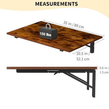 GOYLSER Wall Mounted Folding Table Floating Desk for Dining, Laundry Room, Office, Fold Down Desk with Bracket - color: Rustic Brown, size: 35"x20.5"